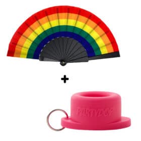 Éventail de festival drapeau arc-en-ciel + Capuchon de fête rose