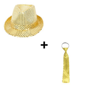 Petit chapeau de fête Fedora + cravate pailletée or