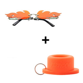 Lunettes de soleil flammes + bouchon universel de fête orange