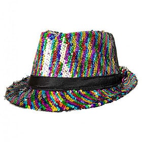 Fedora chapeau festif avec bande noire en paillettes Pride arc-en-ciel