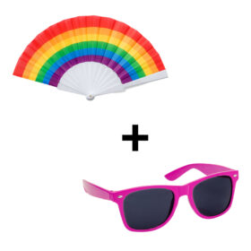 Éventail à main RPET arc-en-ciel + lunettes de soleil roses