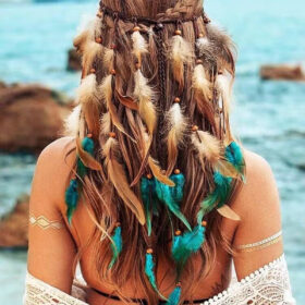 Serre-tête plumes bleu/beige