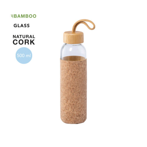 Bouteille d'eau en verre élégante avec étui en liège et bouchon en bambou - 500ml