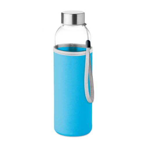 Bouteille en verre avec poignée de transport et housse de protection 500 ml bleu clair