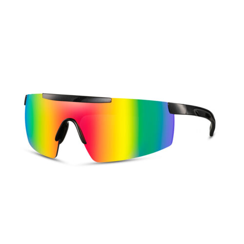 Lunettes de soleil de sport noires avec monture brillante semi-sans bord - Verre multicolore
