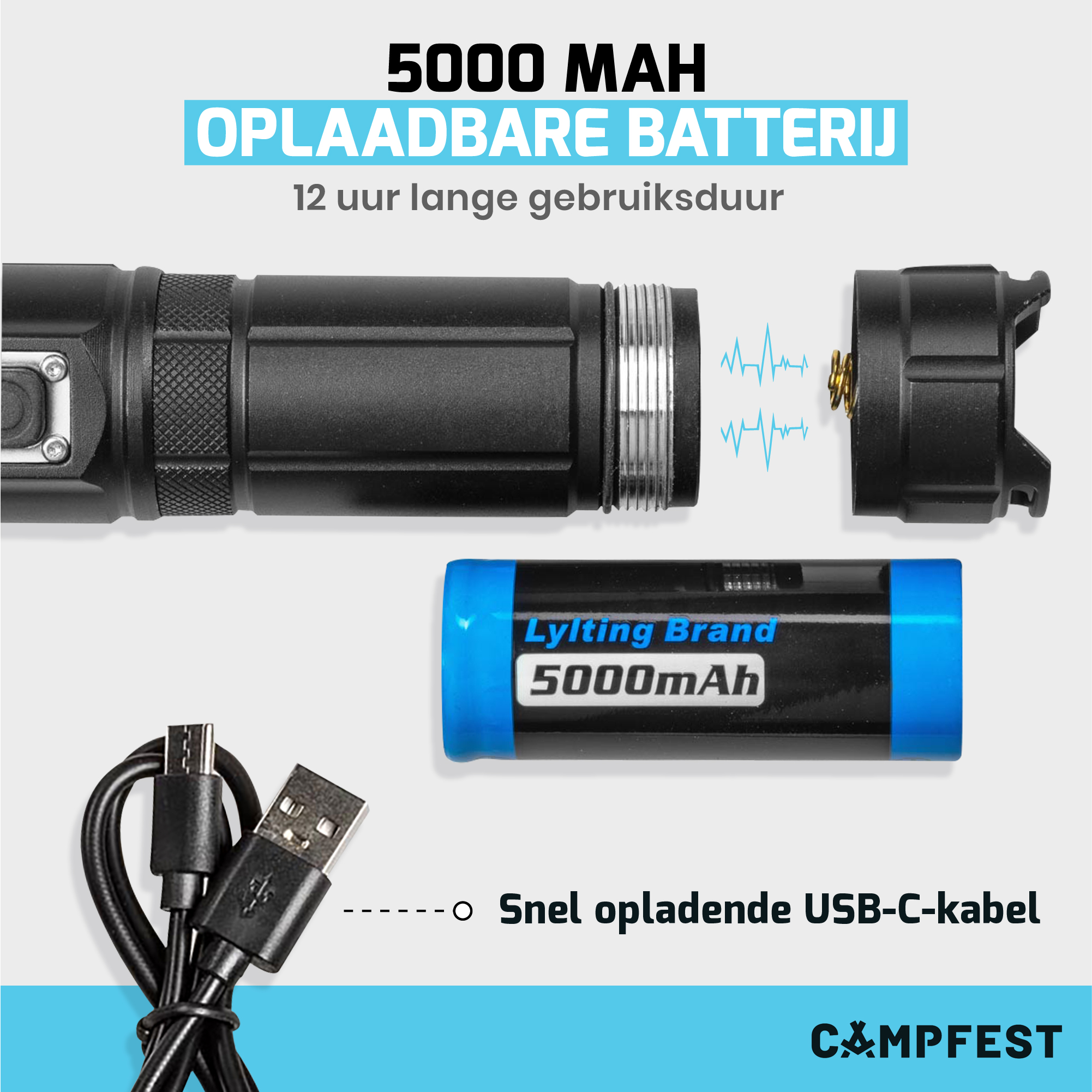 Lampe de poche LED rechargeable Campfest avec mode SOS 5000 mAh - Noir – Image 9