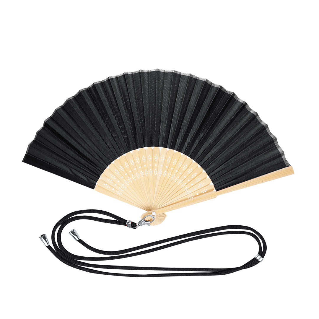 Éventail à main avec cordon réglable en bambou - Noir