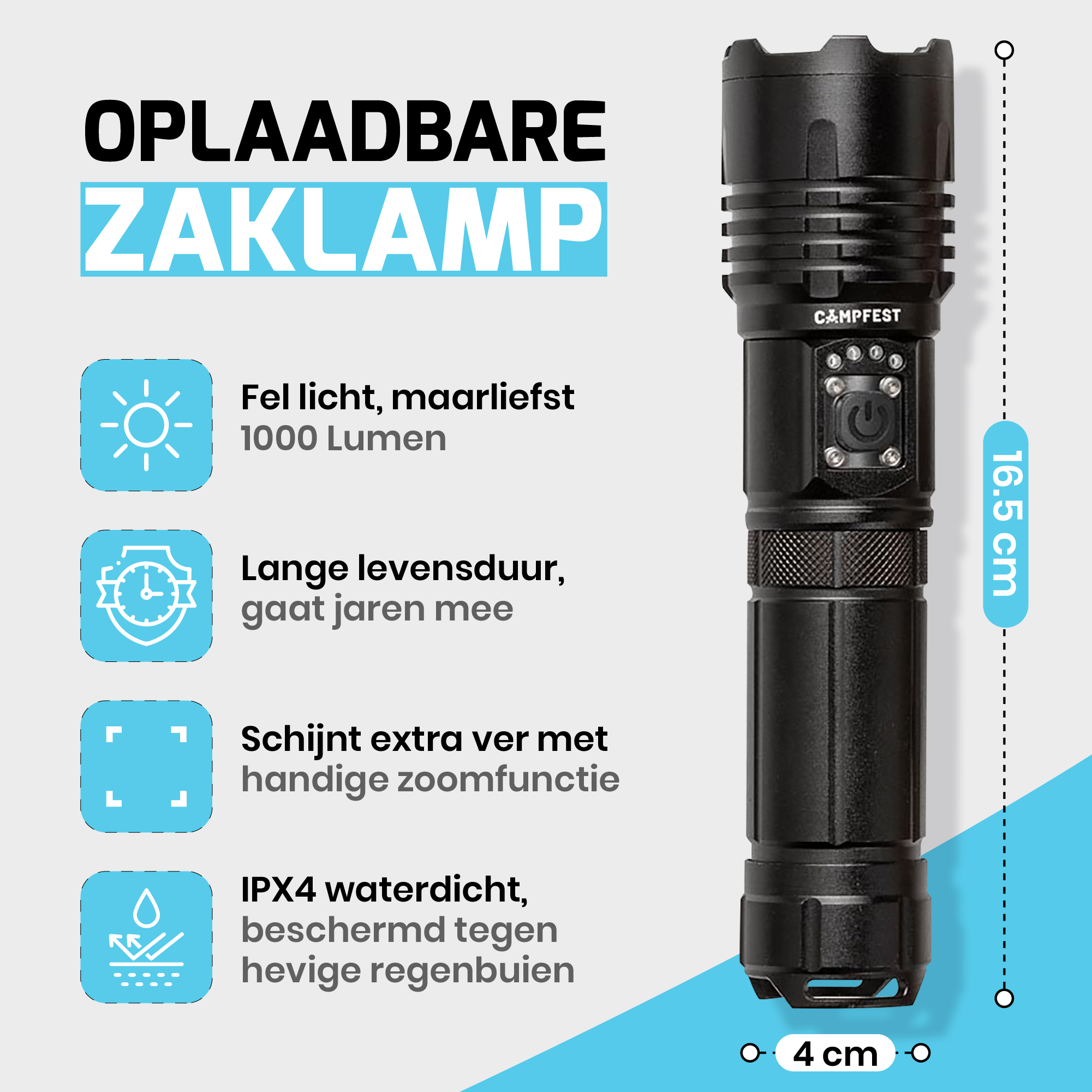 Lampe de poche LED rechargeable Campfest avec mode SOS 5000 mAh - Noir – Image 8