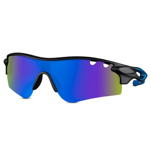 Lunettes de soleil sport noir mat avec monture semi-sans bord et branches bleues - Verre bleu