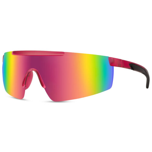 Lunettes de soleil de sport roses avec monture brillante semi-sans bord - Verres multicolores
