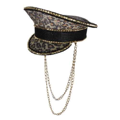 Casquette à imprimé léopard avec strass et chaîne dorée