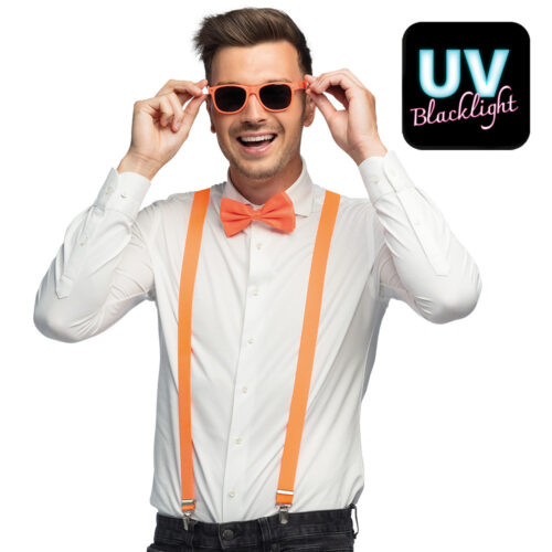 Set d’accessoires - Lunettes de fête UV Blacklight, nœud papillon et bretelles - Néon orange