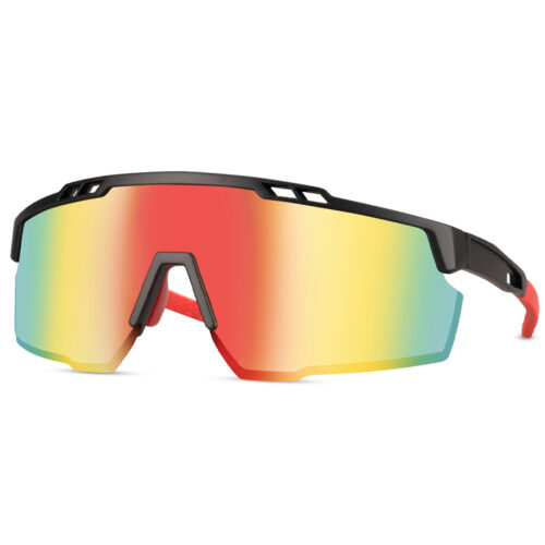 Lunettes de soleil de sport noires avec monture brillante semi-sans bord et branches rouges - Verres multicolores