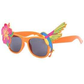 Lunettes de fête tropicales avec verres noirs – Lunettes orange avec fleur et oiseau