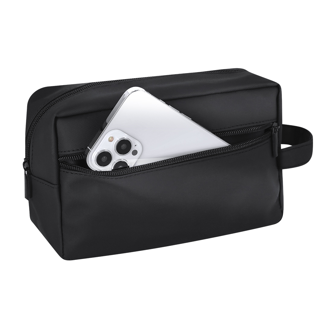 Trousse de toilette multifonction en similicuir PU souple - Avec poches zippées et poignée - Noir – Image 2