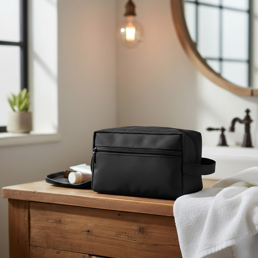 Trousse de toilette multifonction en similicuir PU souple - Avec poches zippées et poignée - Noir – Image 3