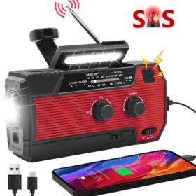 Radio de secours solaire avec Powerbank 4000mAh – Manivelle, panneau solaire, radio AM/FM, lampe de poche, alarme SOS et USB-C