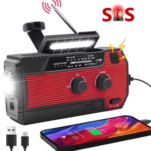 Radio de secours solaire avec Powerbank 4000mAh – Manivelle, panneau solaire, radio AM/FM, lampe de poche, alarme SOS et USB-C