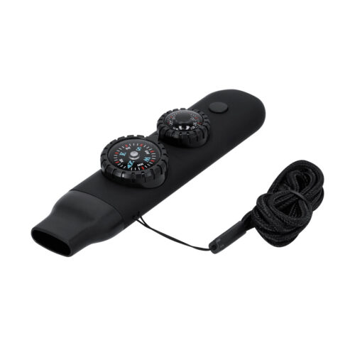 Sifflet de sécurité 6-en-1 avec boussole, thermomètre et lampe de poche - Sifflet d'urgence pour kit de survie - Noir