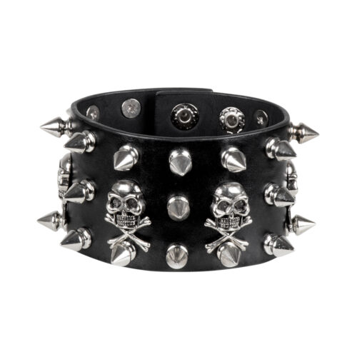 Bracelet biker avec clous et têtes de mort - Aspect cuir - Noir/argent