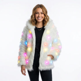 Ravelife - Veste en fourrure LED lumineuse – Avec télécommande - Modèle court - Blanc - Taille unique