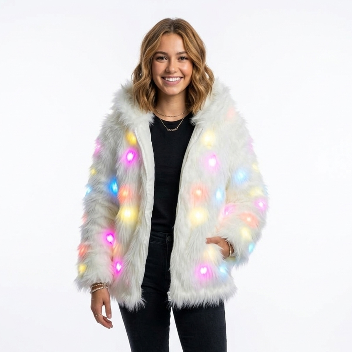 Ravelife - Veste en fourrure LED lumineuse – Avec télécommande - Modèle court - Blanc - Taille unique
