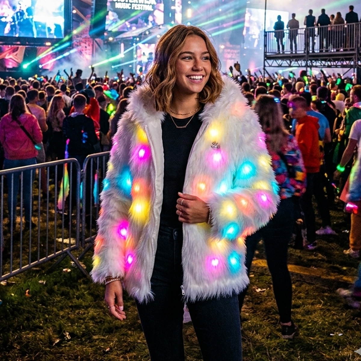 Ravelife - Veste en fourrure LED lumineuse – Avec télécommande - Modèle court - Blanc - Taille unique – Image 4
