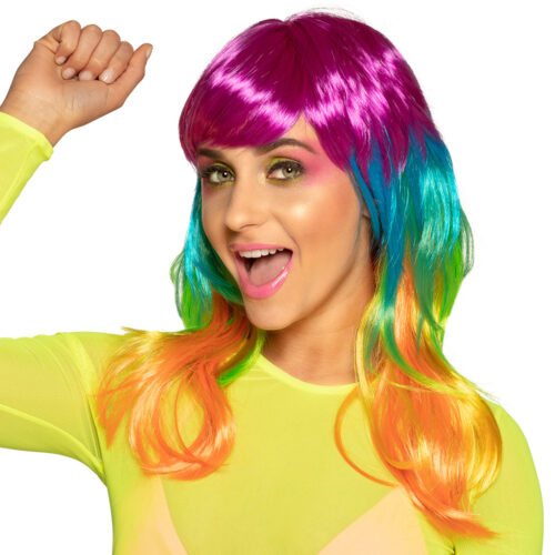 Perruque mi-longue arc-en-ciel - Avec frange - Multicolore