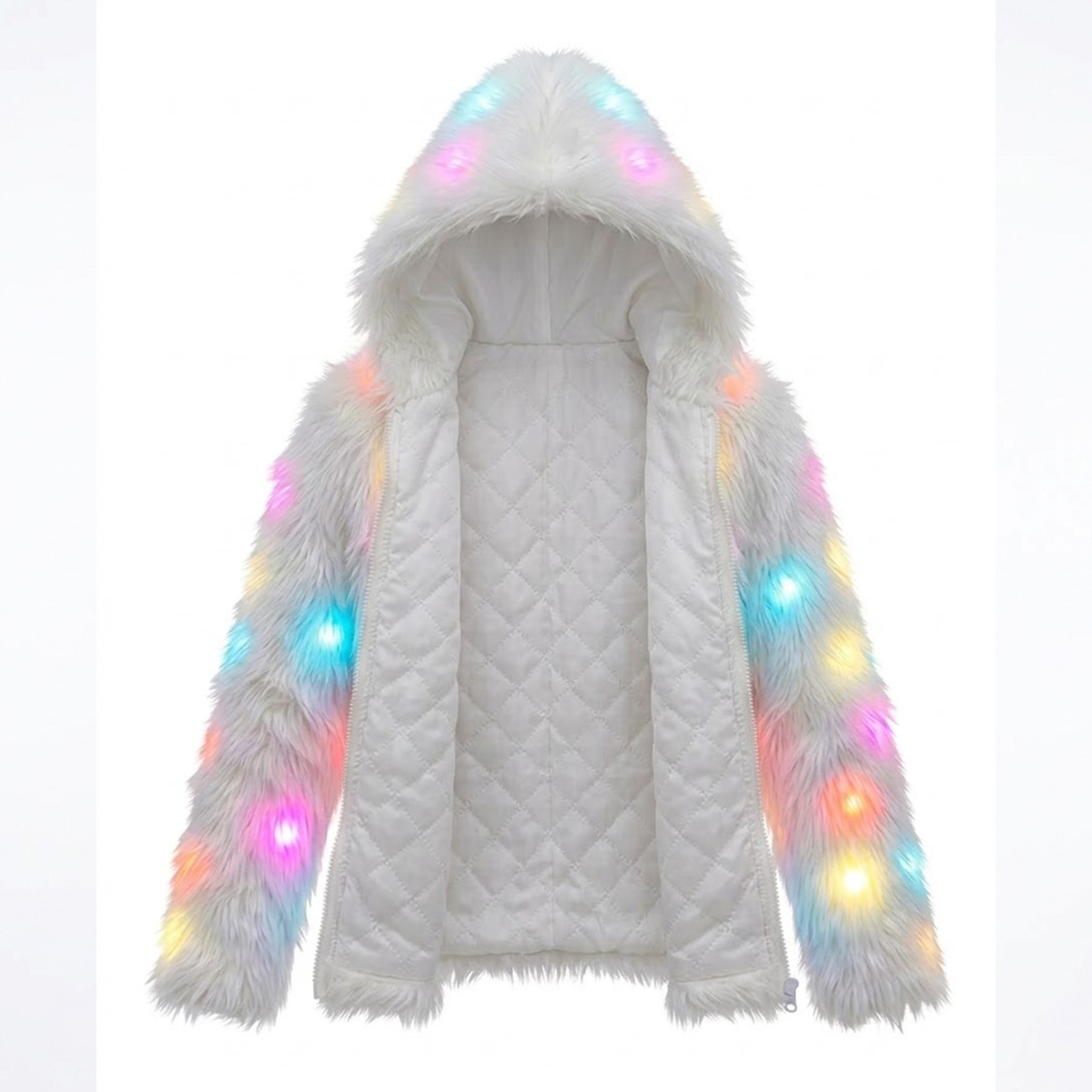 Ravelife - Veste en fourrure LED lumineuse – Avec télécommande - Modèle court - Blanc - Taille unique – Image 3