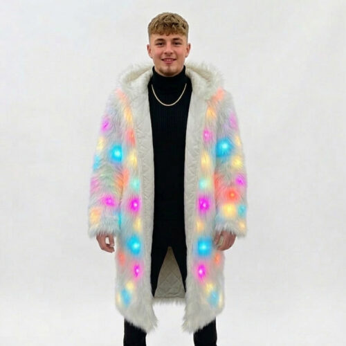 Ravelife - Manteau en fourrure LED lumineux – Avec télécommande - Modèle long - Blanc - Taille unique
