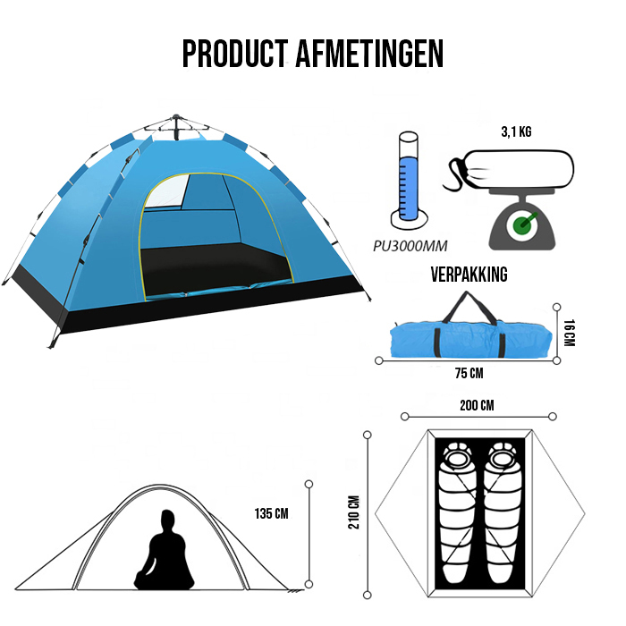 Campfest 2-3 persoons easy set up tent - Blauw – Image 4