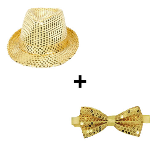 Fedora feesthoedje - glitter strik - Goud