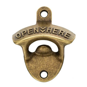 Bieropener Open Here - Metalen flesopener voor aan de muur - Brons